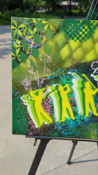 "Green Swing: Deconstructed Golf Motion on Upcycled Canvas"