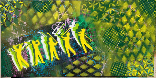 "Green Swing: Deconstructed Golf Motion on Upcycled Canvas"