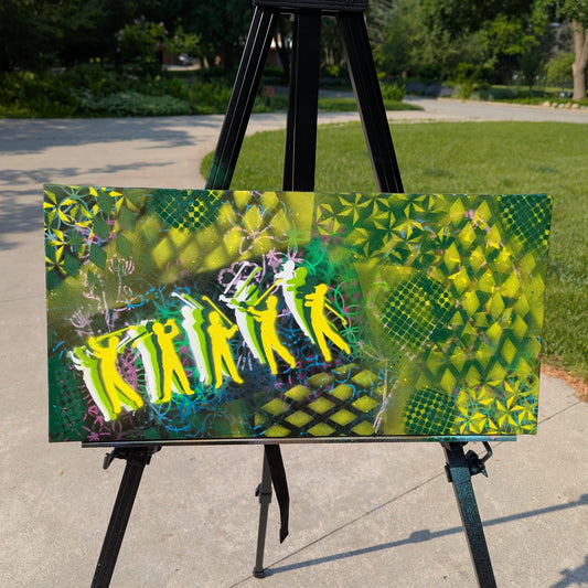 "Green Swing: Deconstructed Golf Motion on Upcycled Canvas"